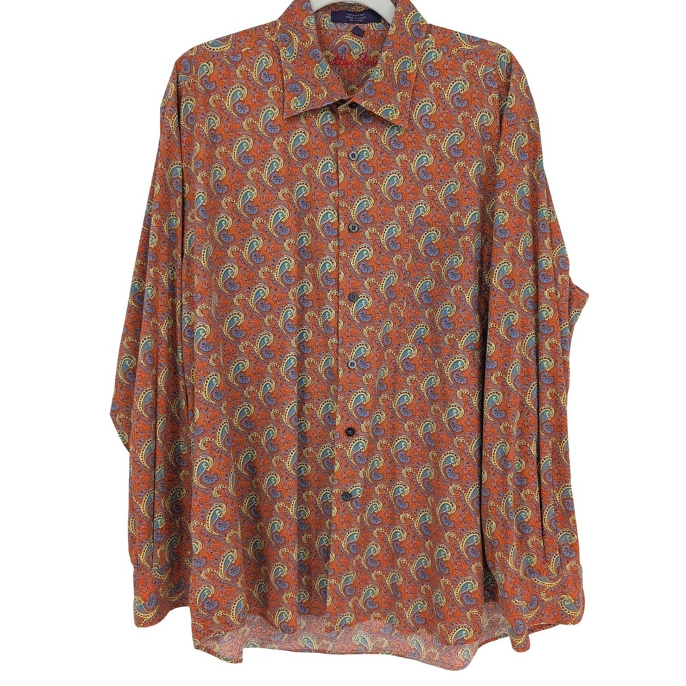 Alan Flusser‎ Paisley Button Down Shirt Mens XL Orange Blue Long Sleeve Cotton